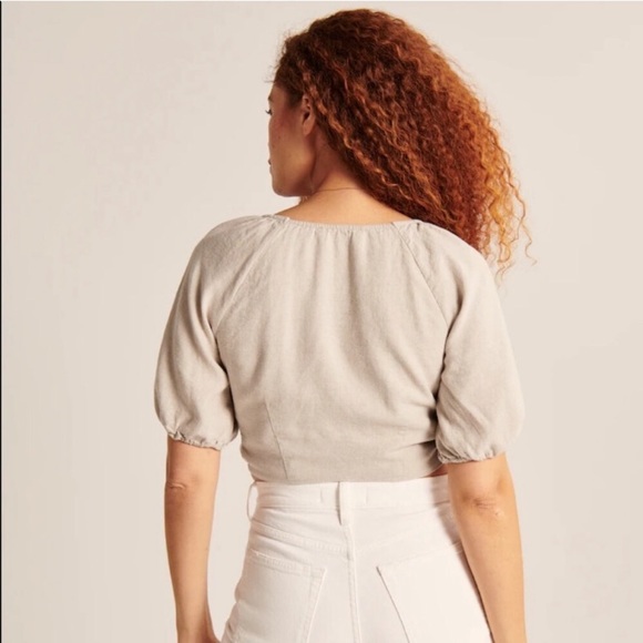 Abercrombie & Fitch Cropped Tie Front Linen Blend Top in Tan S - Picture 2 of 6